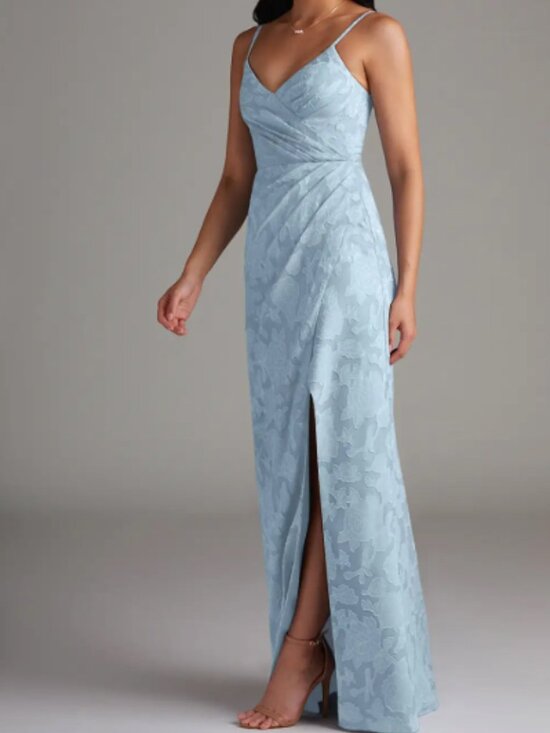 Azazie Dresses & Skirts - Azazie Maci Sky Blue Sheath Pleated Floral Burnout Dress